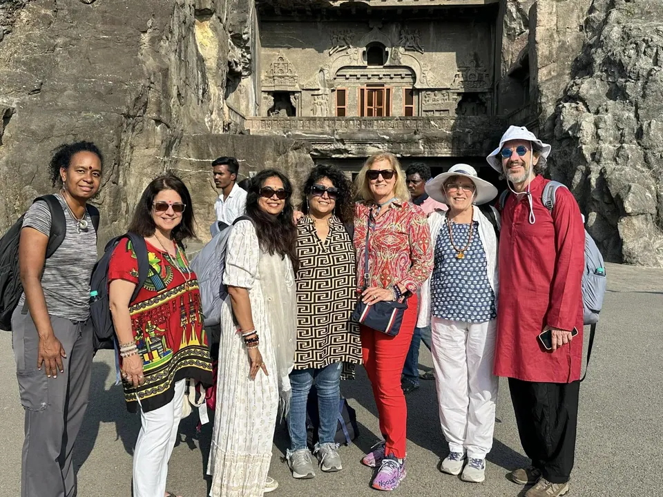A retreat group at the Ellora caves, India