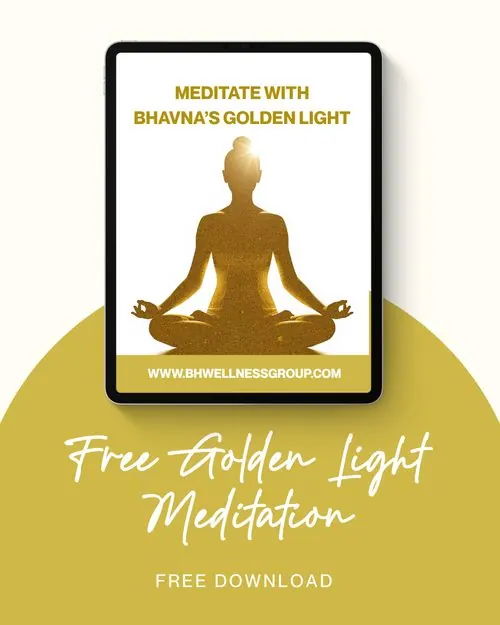 Free Golden Light Meditation, shown on a tablet with a gold figure seated in meditation
