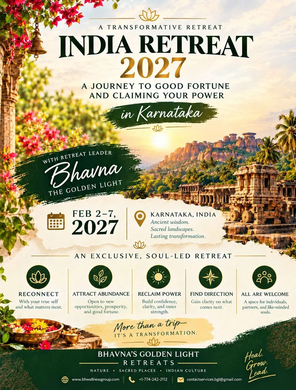 India Retreat 2027 poster: a journey to good fortune and claiming your power, in Karnataka, 2–7 February 2027, with Bhavna, The Golden Light. Reconnect, attract abundance, reclaim power, find direction. An exclusive, soul-led retreat — all are welcome, a space for individuals, partners and like-minded souls.