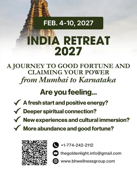 India Retreat 2027 poster, 4–10 February 2027: A journey to good fortune and claiming your power, from Mumbai to Karnataka