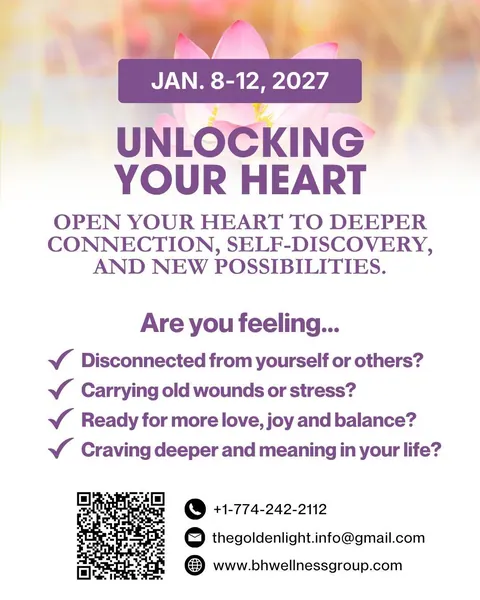 Unlocking Your Heart retreat poster, 8–12 January 2027: Open your heart to deeper connection, self-discovery and new possibilities
