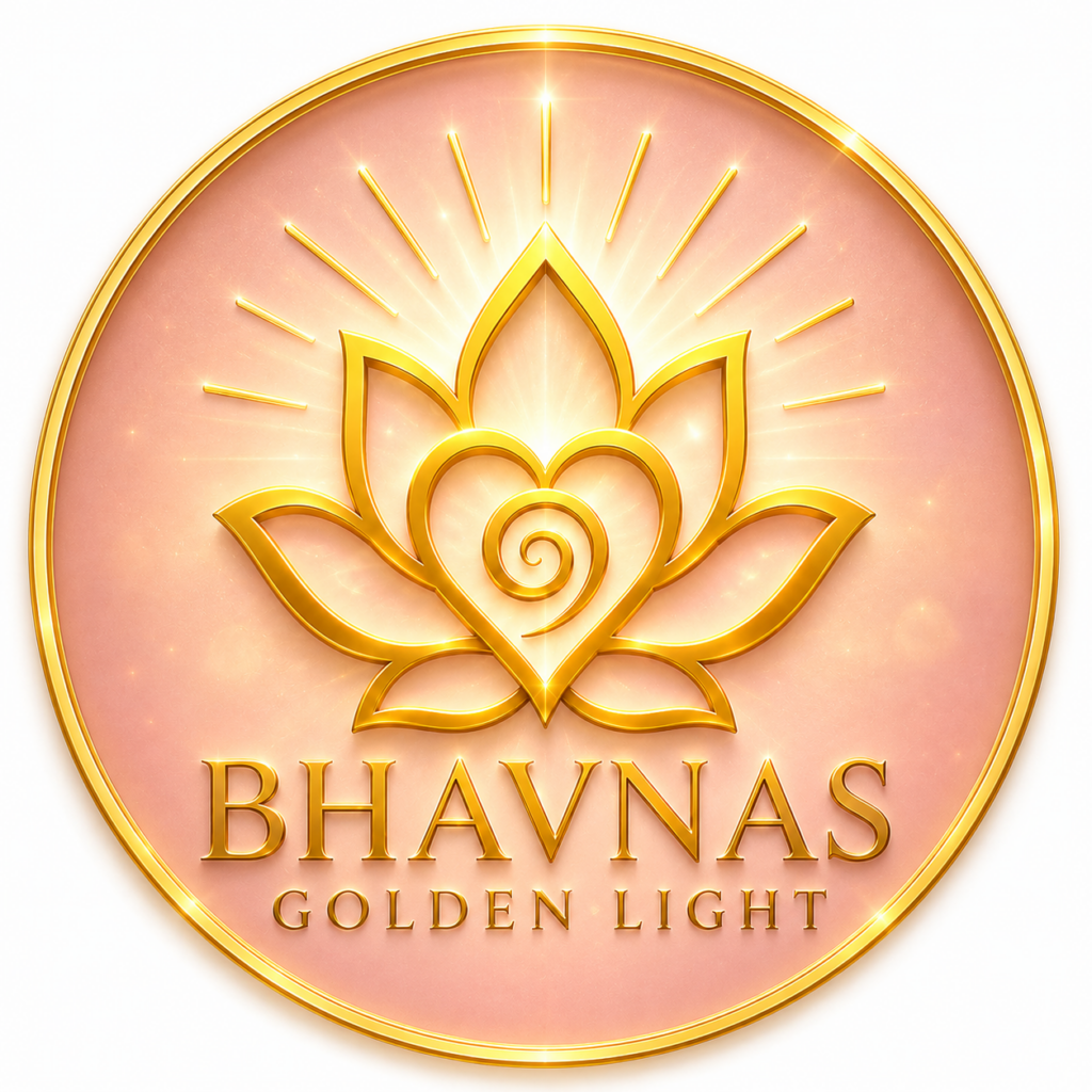 Bhavna's Golden Light emblem: a gold lotus with a heart and spiral at its centre
